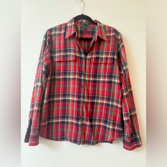 Lauren Ralph‎ Lauren plaid flannel large L heritage button up red green LRL - Picture 1 of 13